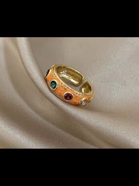 Gorgeous orange enamel coated gold plated silver size 8 ring #358
